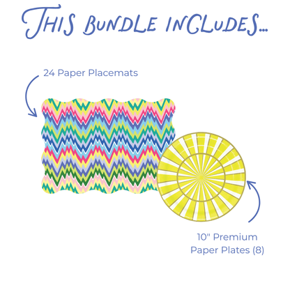 This bundle includes graphic showing 24 scallop-edged paper placemats in a multicolor zigzag print and 8 10-inch paper plates in a yellow sunburst stripe pattern.