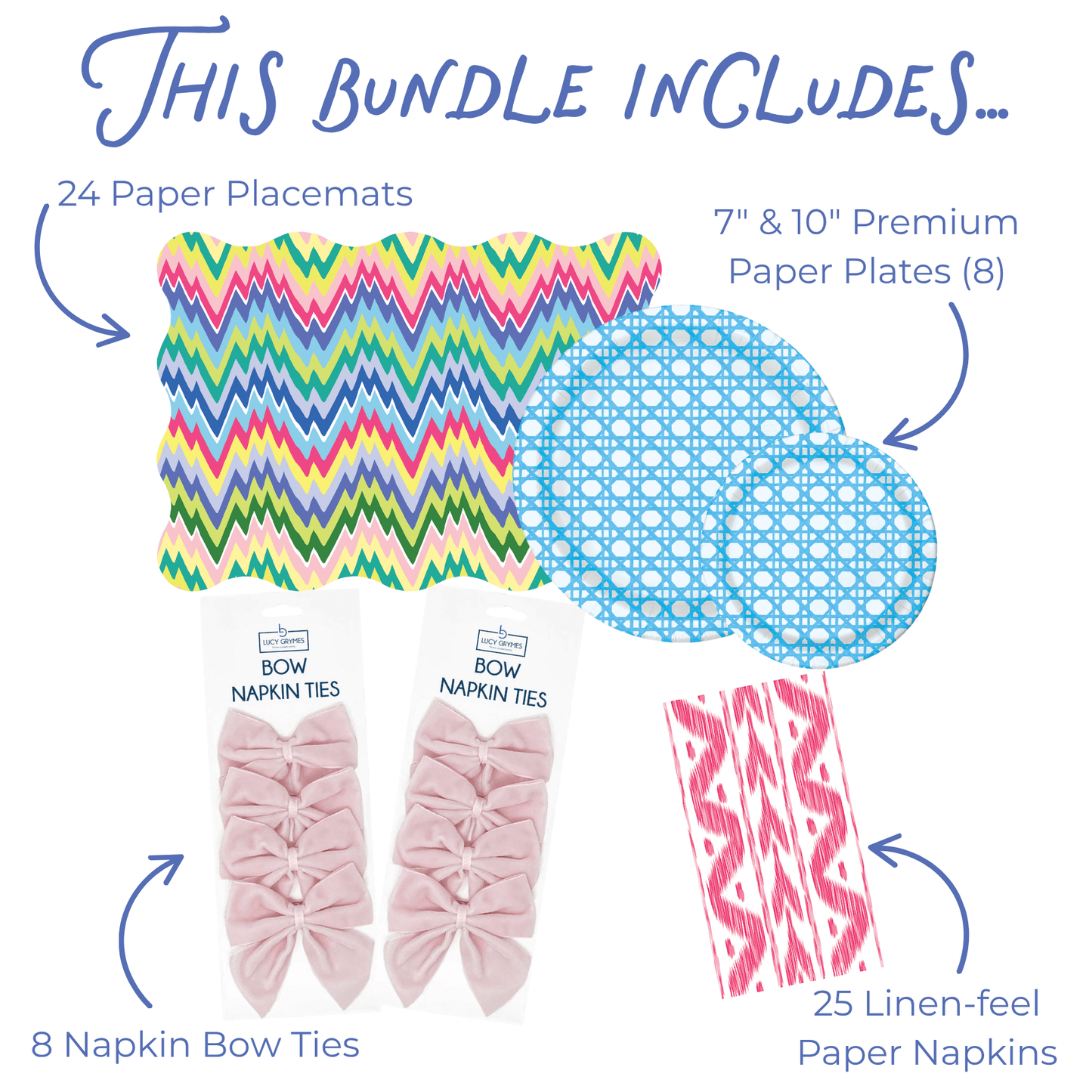 This bundle includes graphic showing 24 scallop-edged paper placemats in a multicolor zigzag print, 8 7-inch and 10-inch Blue Cane paper plates in a light blue woven cane grid pattern, 8 light pink velvet bow napkin ties, and 25 pink ikat linen-feel paper napkins.