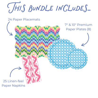 This bundle includes graphic showing 24 scallop-edged paper placemats in a multicolor zigzag print, 8 7-inch and 10-inch Blue Cane paper plates in a light blue woven cane grid pattern, and 25 pink ikat linen-feel paper napkins.