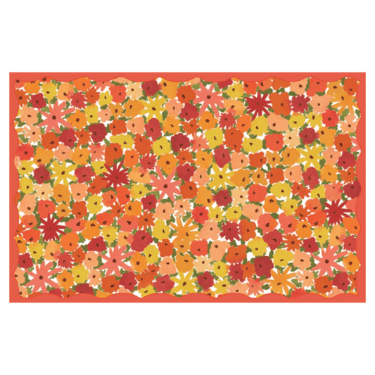 Floral placemat with orange, yellow, and red flowers on a white background