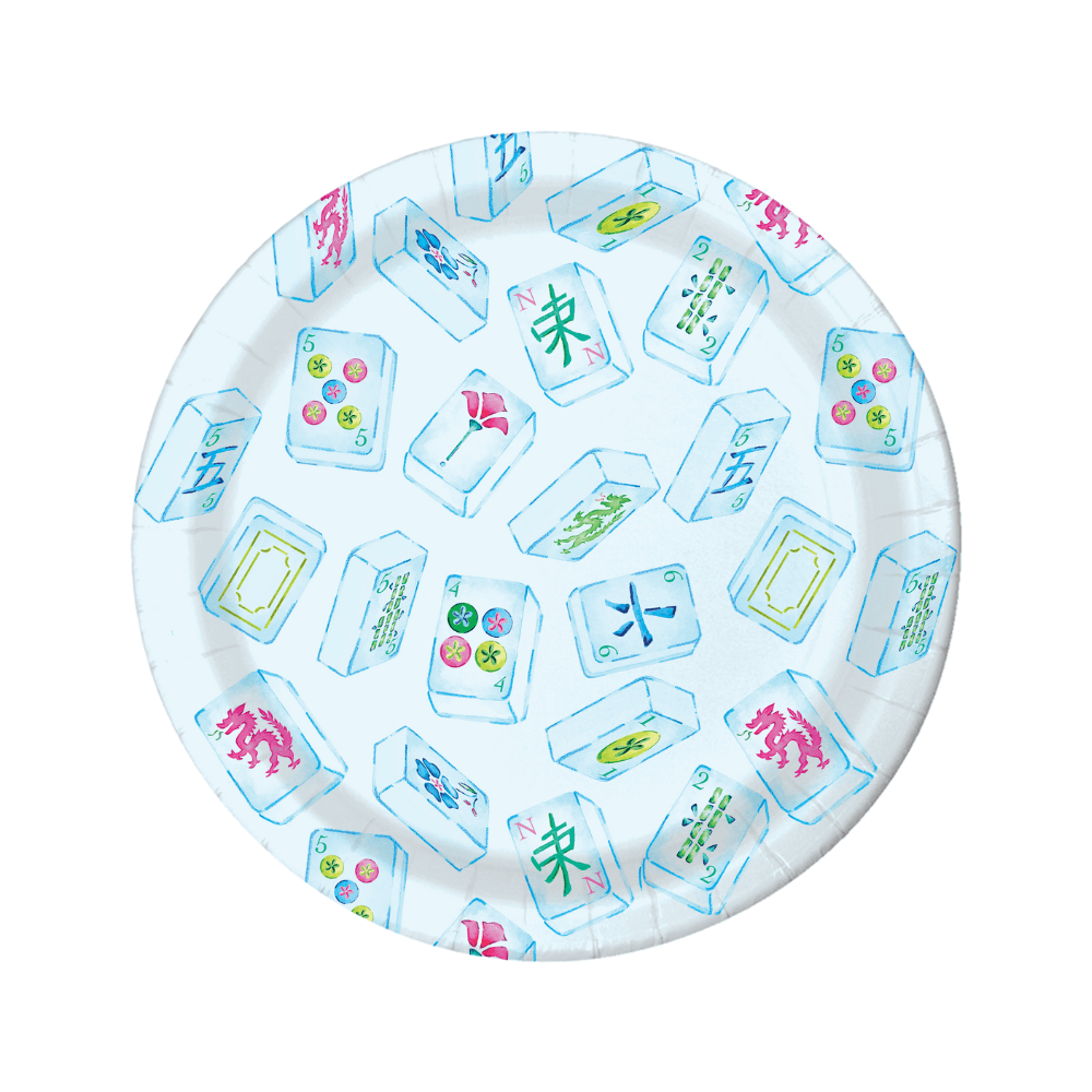 Round paper plate with colorful Mahjong tile design on a white background