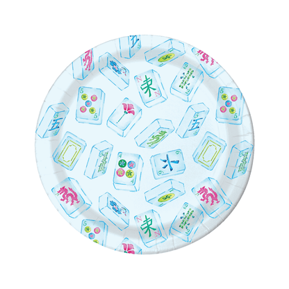Round paper plate with colorful Mahjong tile design on a white background