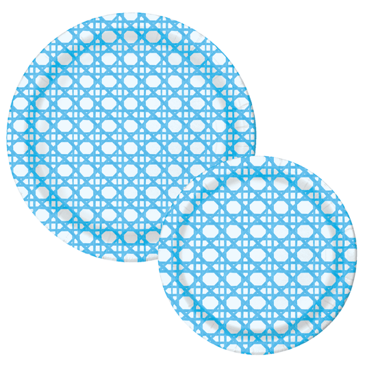 Two light blue cane-weave paper plates in 7-inch and 10-inch sizes
