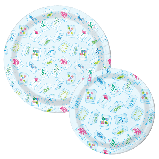 Two light blue mahjong tile-print paper plates in 7-inch and 10-inch sizes