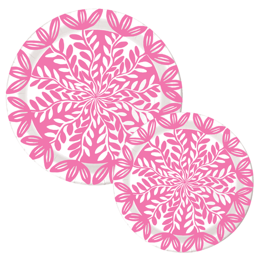 Two pink botanical leaf-print paper plates in 7-inch and 10-inch sizes