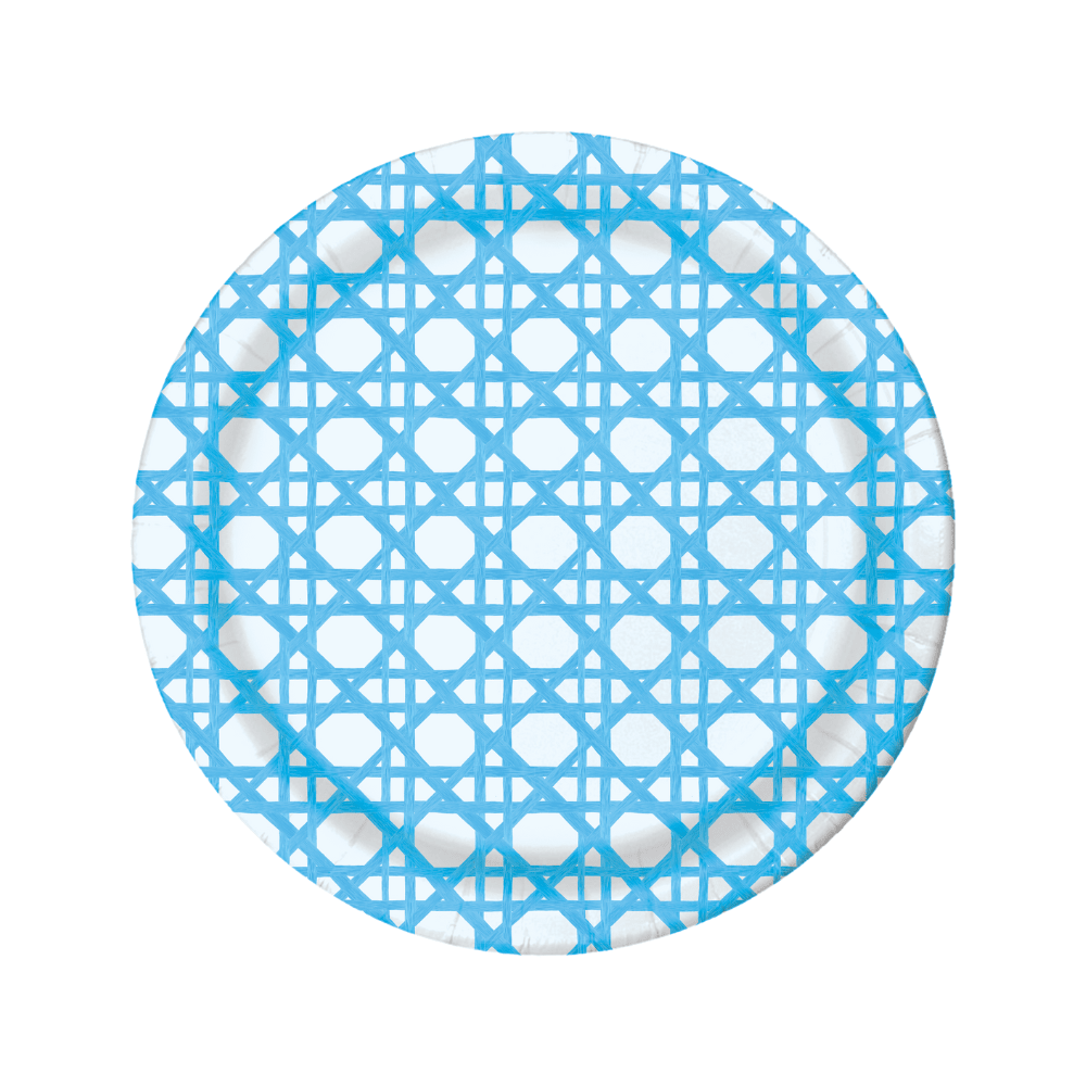 Round blue and white patterned paper plate on a white background