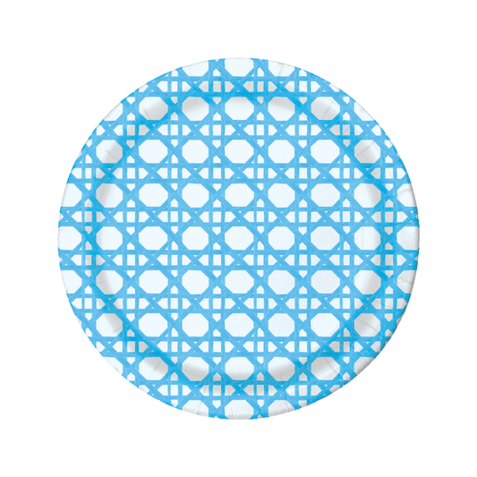 Round blue and white patterned paper plate on a white background