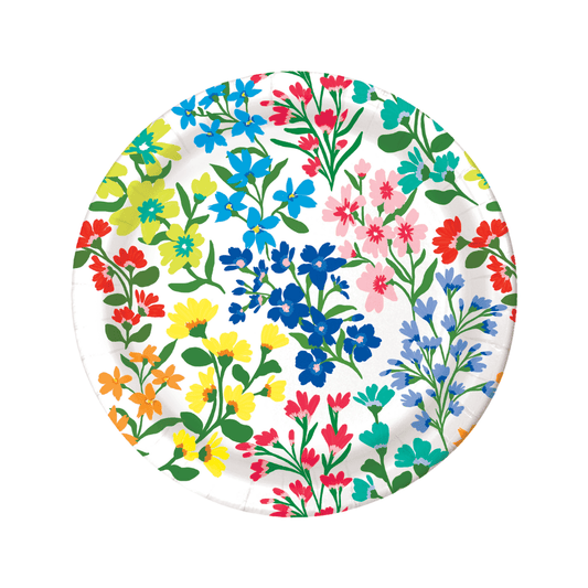 Round paper plate with colorful floral pattern on a white background