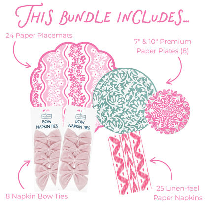 This bundle includes' illustration in soft pink damask floral style: 24 scalloped placemats featuring white outlined floral vines on pink wavy background, 8 premium paper plates (four 7" and four 10") with teal-and-white coral mandala and pink floral mandala designs, 25 linen-feel napkins in pink hand-sketched ikat zigzag pattern, and 8 light pink velvet bow napkin ties in two branded packages; cohesive feminine garden aesthetic