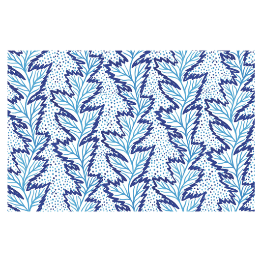 Patterned design with blue and white leaves on a white background