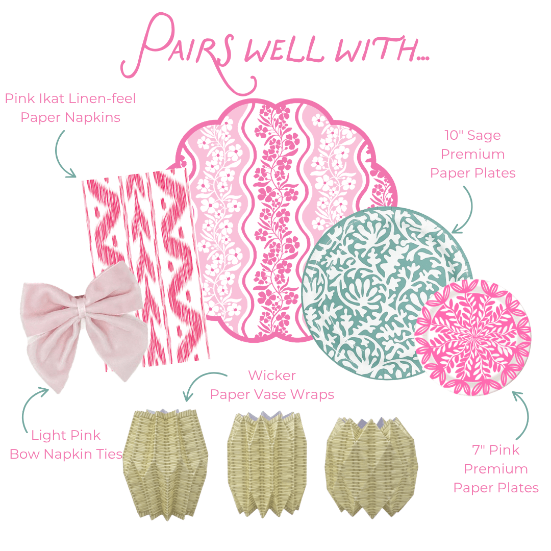 Product assortment with pink and green patterns including paper placemats, paper napkins, paper plates, paper vase wraps, and bow ties on a white background.