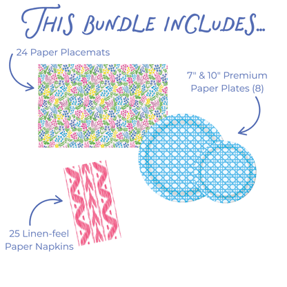 Product bundle with floral paper placemats, blue and white rattan woven paper plates, and pink ikat patterned napkins on a white background