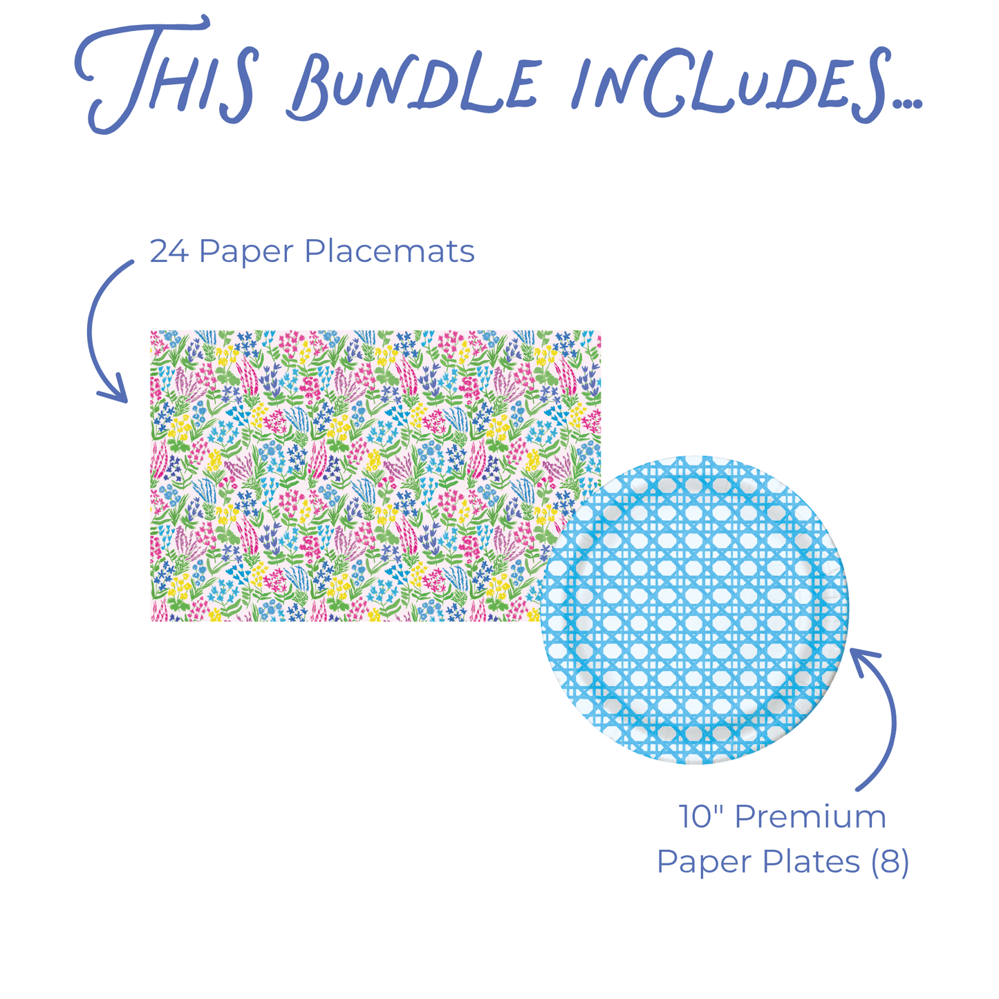 Product bundle description with floral paper placemats and blue cane woven plates on a white background