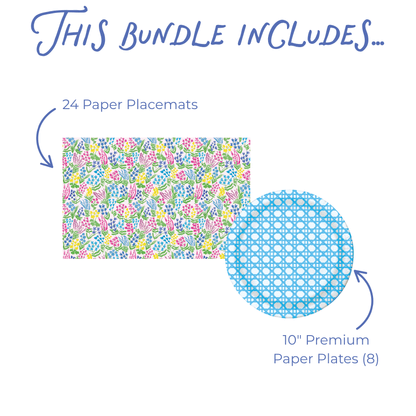 Product bundle description with floral paper placemats and blue cane woven plates on a white background