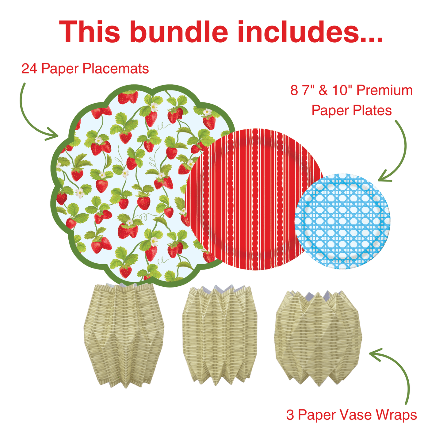 Product bundle including paper placemats, plates, and vase wraps with item counts and descriptions.