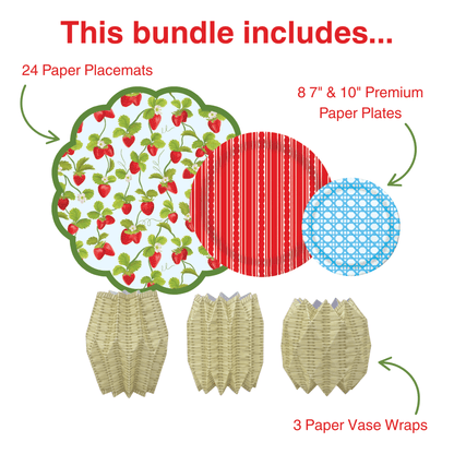 Product bundle including paper placemats, plates, and vase wraps with item counts and descriptions.