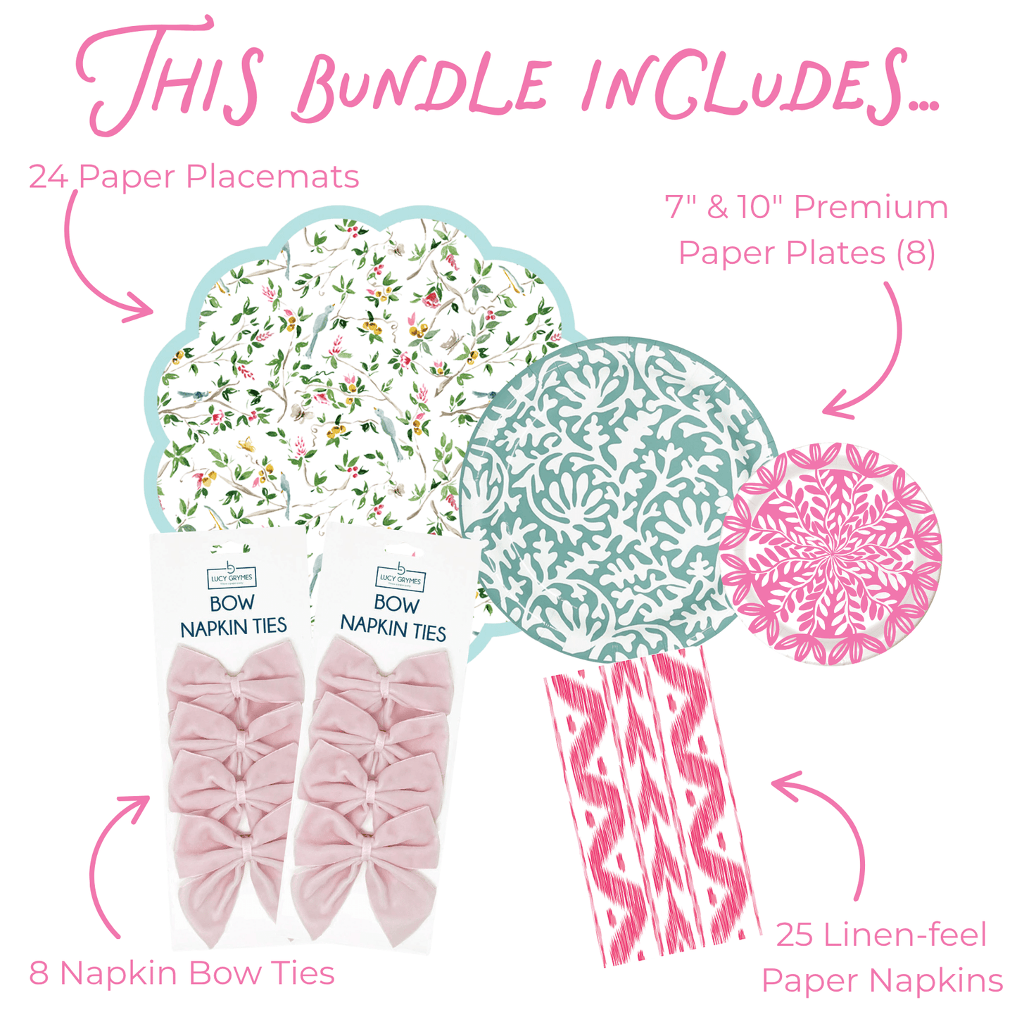 Infographic titled "This bundle includes..." showing 24 scalloped round watercolor bird and botanical-print paper placemats with a light blue border, 8 7-inch and 10-inch premium paper plates in teal floral medallion and pink floral medallion prints, 25 pink ikat linen-feel paper napkins, and 8 blush pink velvet bow napkin ties, labeled with pink arrows on a white background.