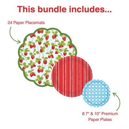 Product bundle description with paper placemats and plates on a white background