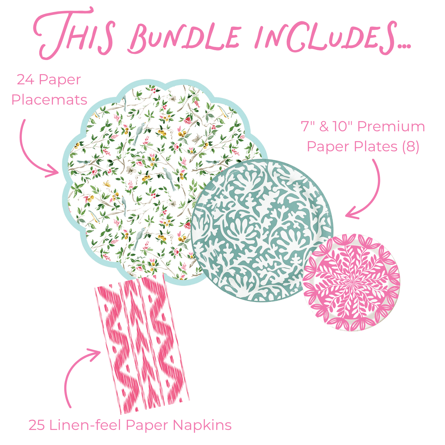 Product bundle graphic with paper placemats, plates, and napkins on a white background.