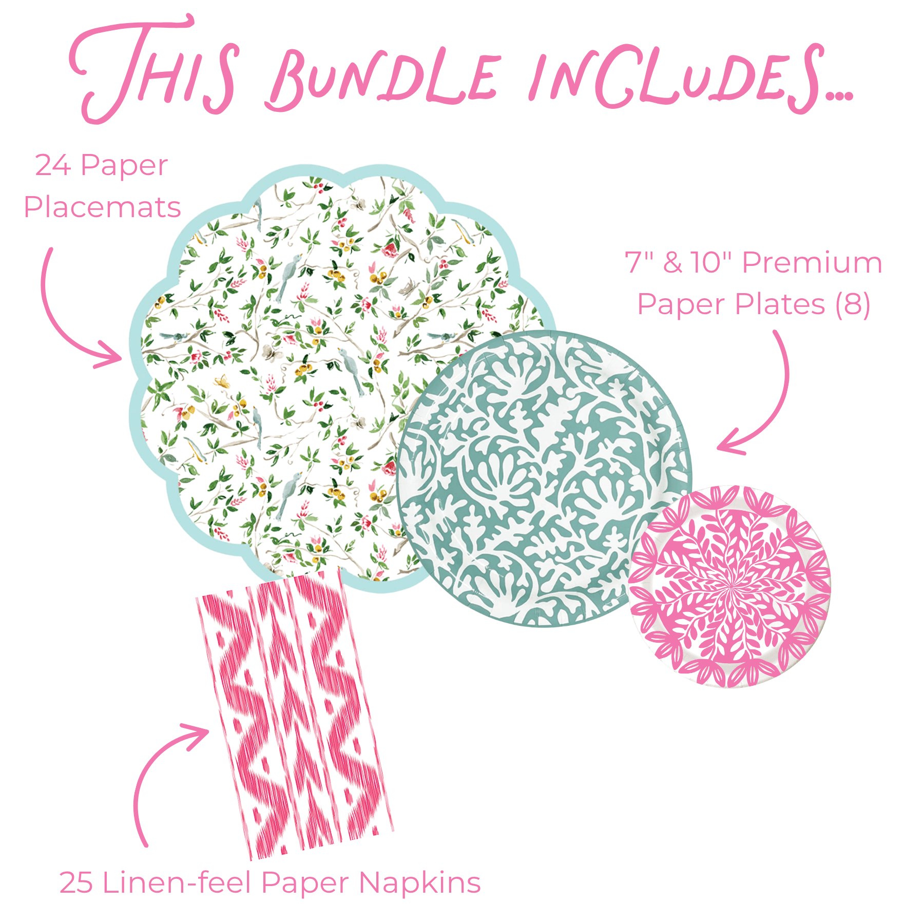 Product bundle graphic with paper placemats, plates, and napkins on a white background.