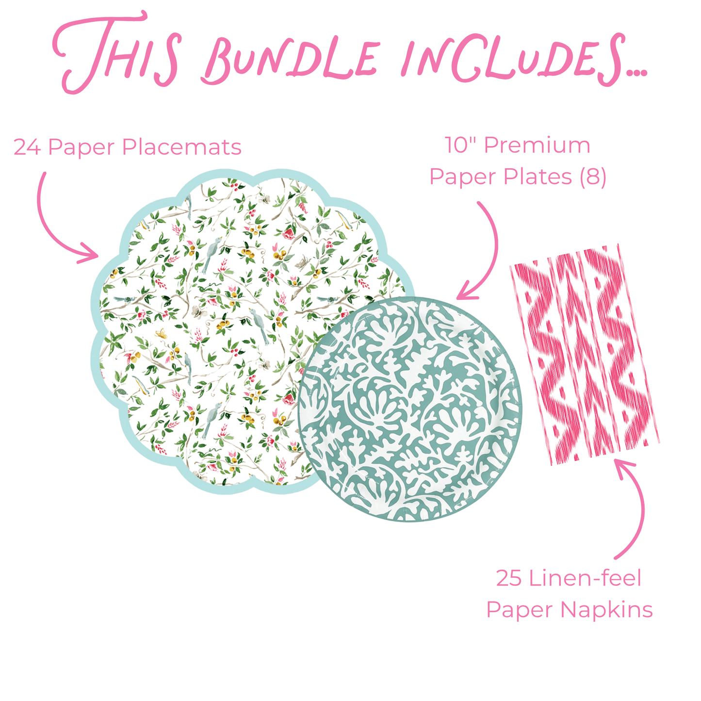 Product bundle description with paper placemats, plates, and napkins on a white background.