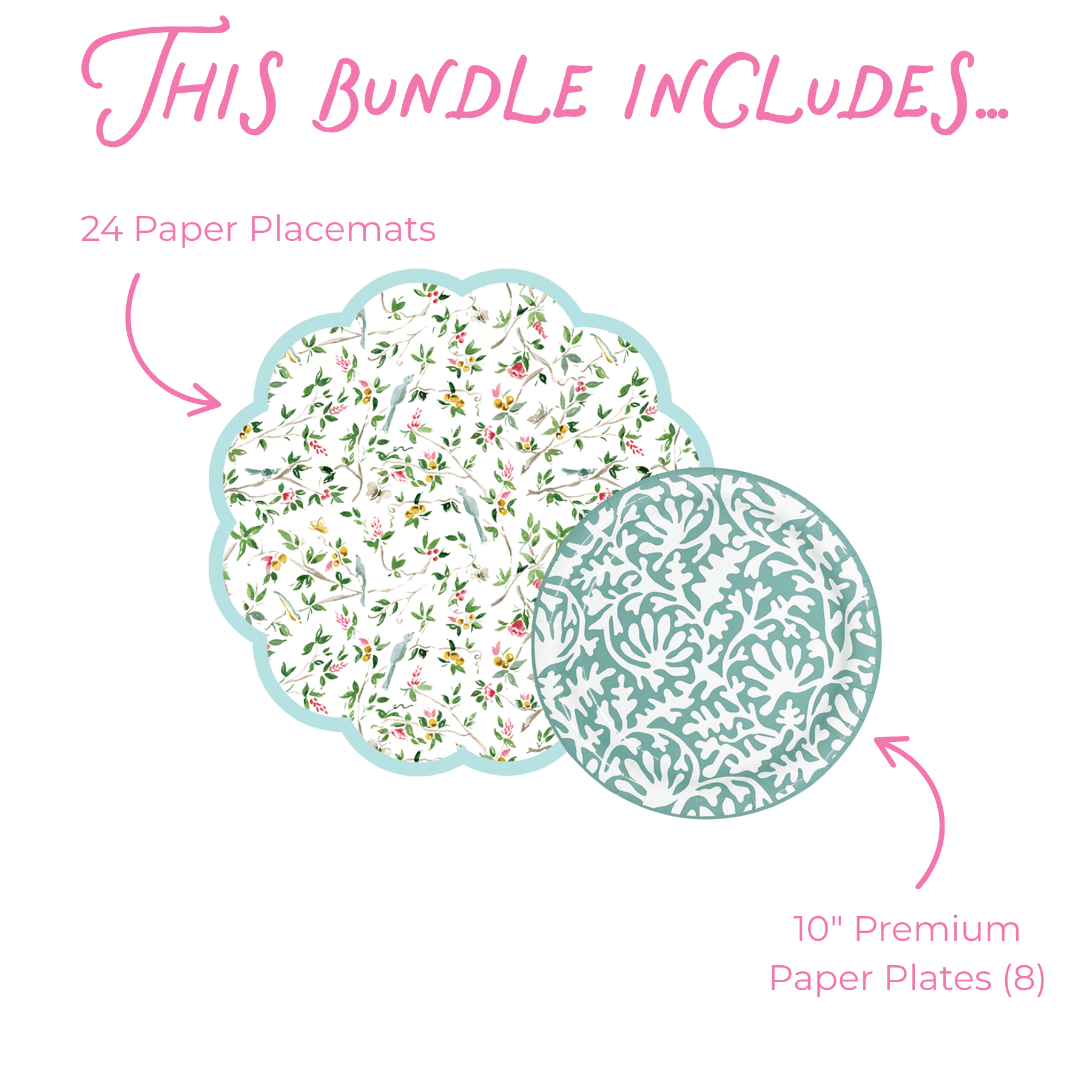 Product bundle description with paper placemats and plates on a white background