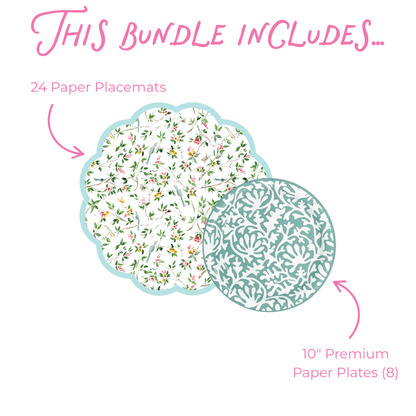 Product bundle description with paper placemats and plates on a white background