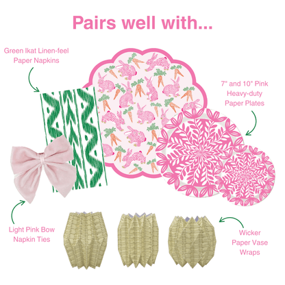 Pairs well with graphic showing Green Ikat linen-feel paper napkins, pink bunny-and-carrot scalloped plates in 7" and 10" sizes, light pink bow napkin ties, and wicker-pattern paper vase wraps in pastel green and pink tones