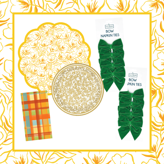 Golden Flower Table Bundle (Placemats + Plates + Bows + Napkins)