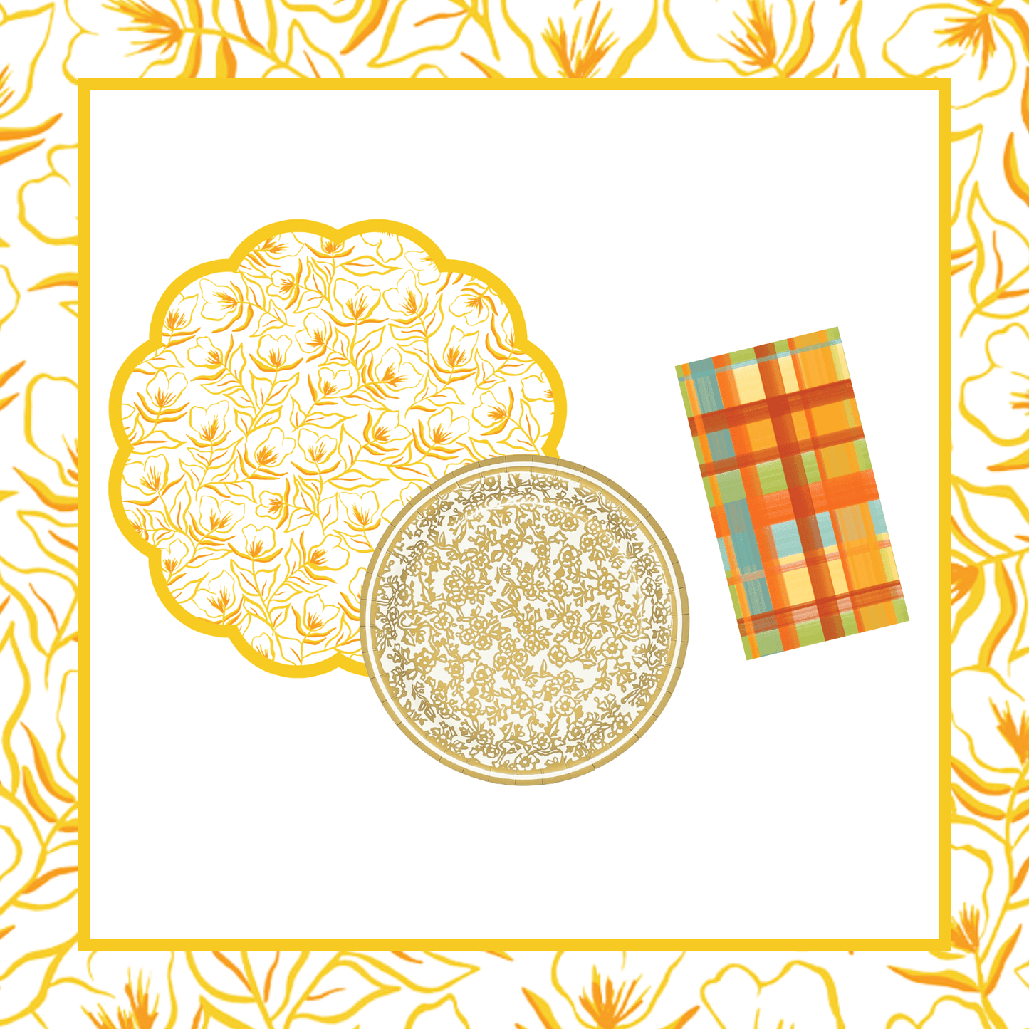 Golden Flower Table Bundle (Placemats + Plates + Napkins)