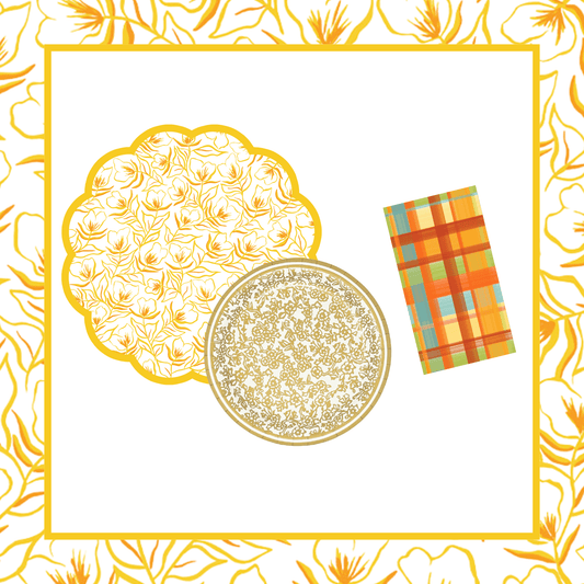 Golden Flower Table Bundle (Placemats + Plates + Napkins)
