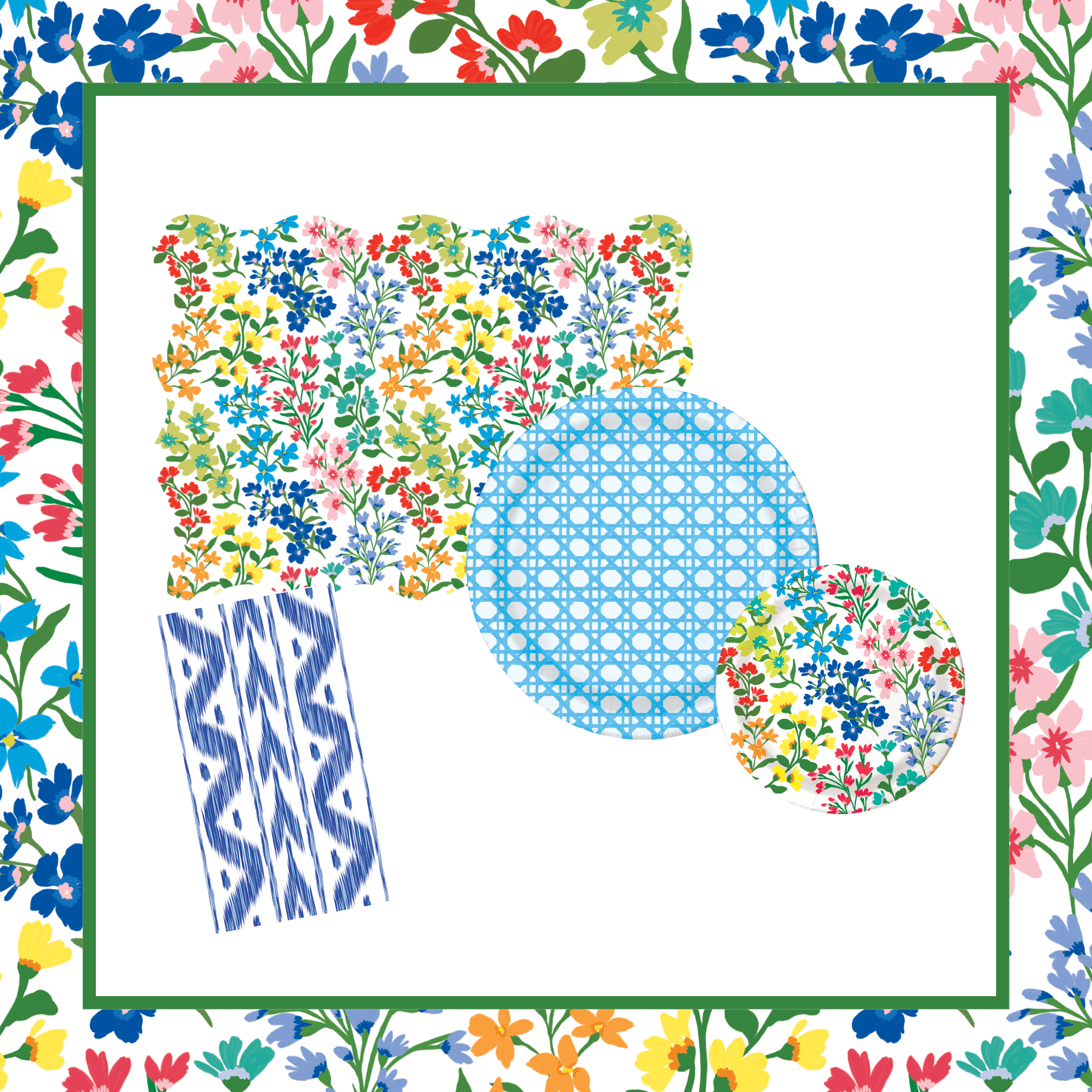 Flat lay of Lucy Grymes tableware featuring a scalloped rectangular wildflower-print placemat, a large round light blue cane-weave paper plate, a small round wildflower-print paper plate, and a navy blue ikat paper napkin, on a colorful floral-bordered background.