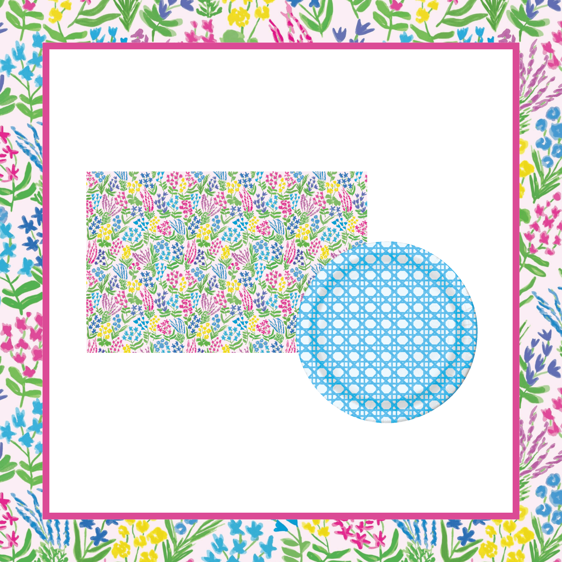 Bundle of paper placemats with floral pattern and blue cane woven patterned paper plate