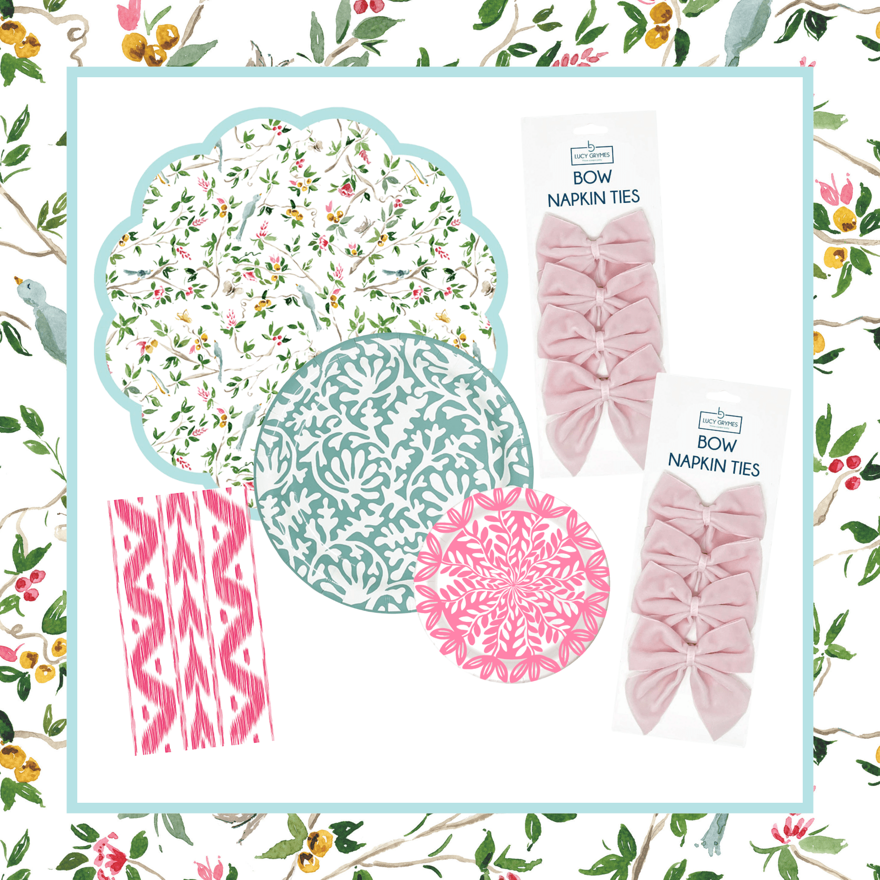 Scalloped round watercolor bird and botanical-print paper placemat with a light blue border, paired with a large teal floral medallion paper plate, a small pink floral medallion paper plate, and a pink ikat linen-feel paper napkin, and two sets of pink velvet bows on a watercolor bird and botanical-bordered background.