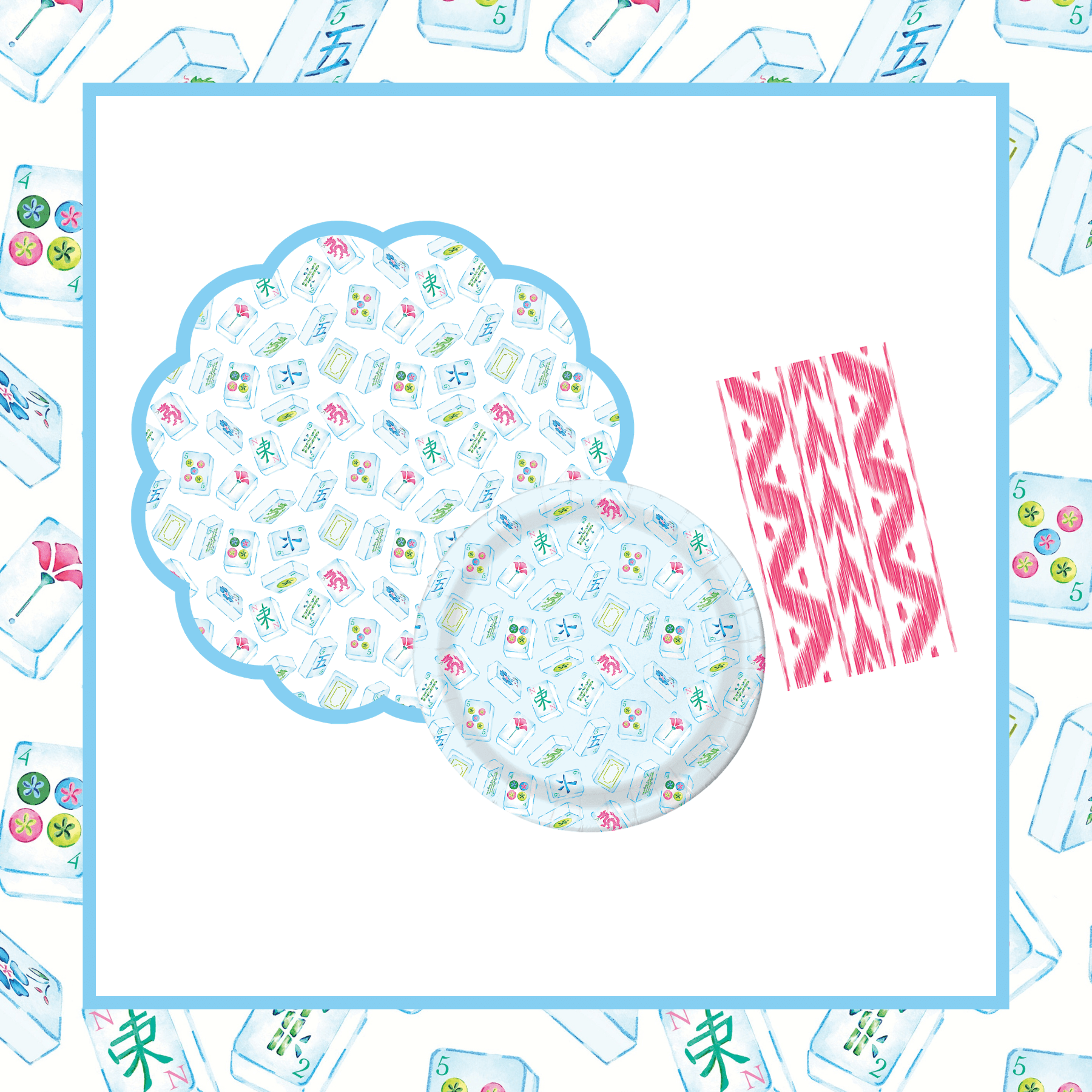 Scalloped round mahjong tile-print paper placemat with a light blue border, paired with a matching round paper plate and a pink ikat linen-feel paper napkin, on a mahjong tile-bordered background.