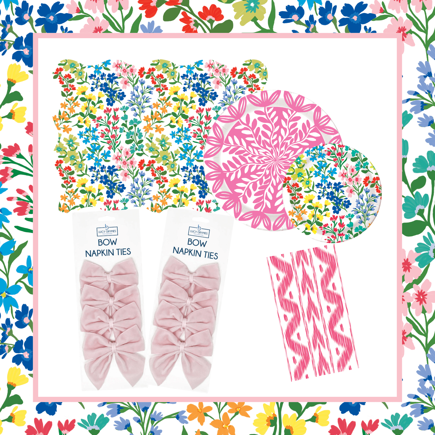 Full Bloom and Pink Bundle featuring a scallop-edged wildflower print placemat, two packs of Light Pink Bow Napkin Ties, a pink ikat print napkin, a 10-inch pink floral medallion plate, and a Full Bloom wildflower print plate, displayed on a colorful wildflower print border
