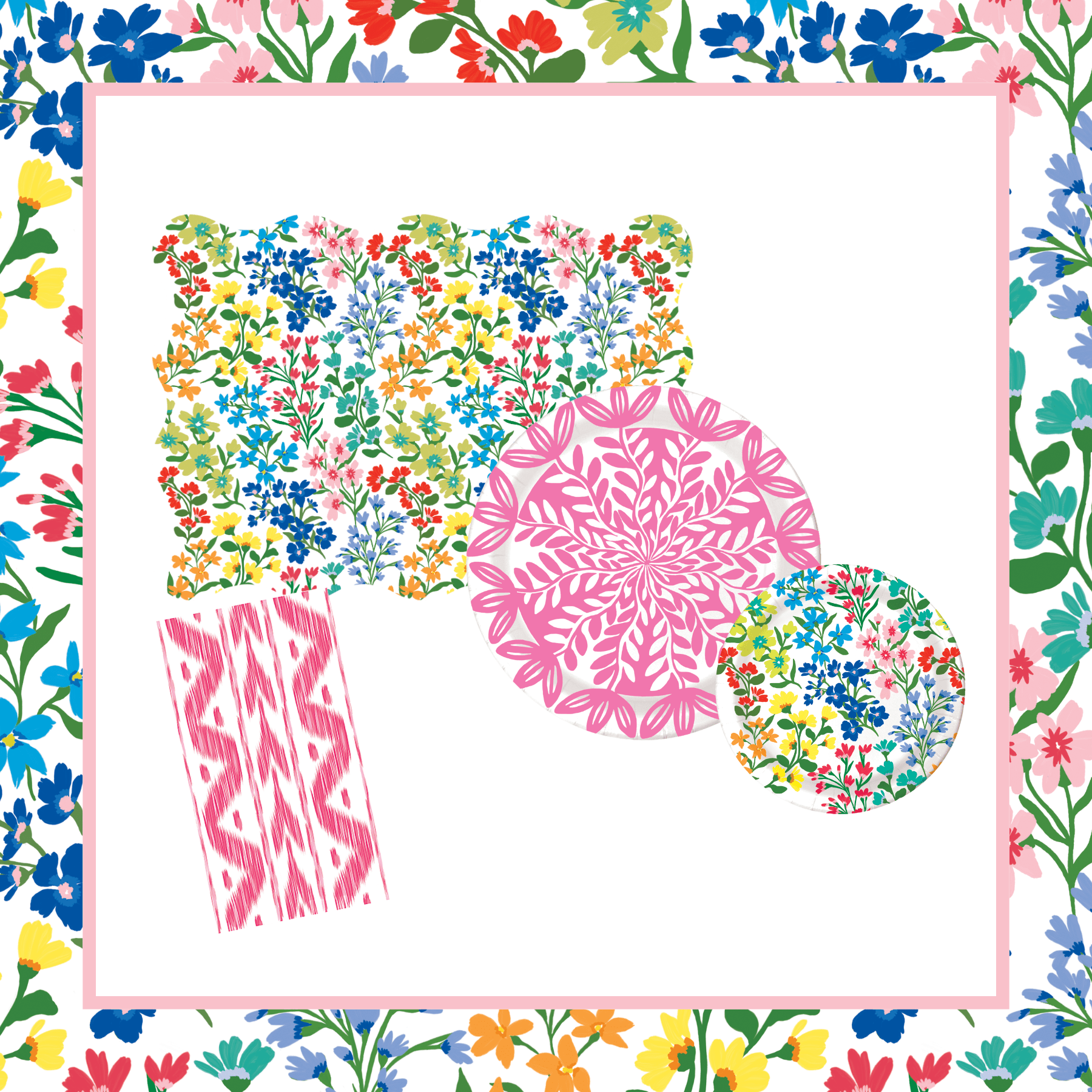 Bundle of multicolor wildflower scalloped placemats, pink botanical leaf-print and wildflower paper plates, and pink ikat paper napkins