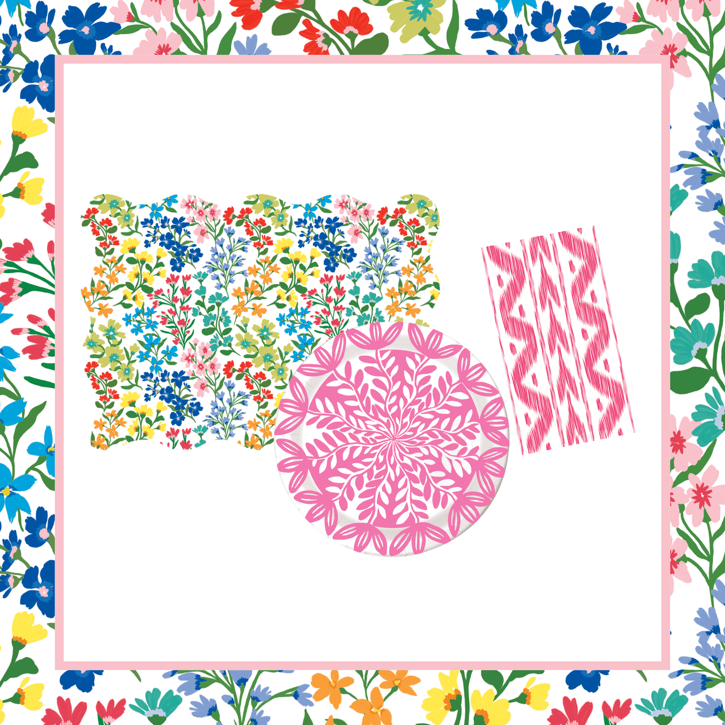 Bundle of multicolor wildflower scalloped placemats, a pink botanical leaf-print paper plate, and pink ikat paper napkins
