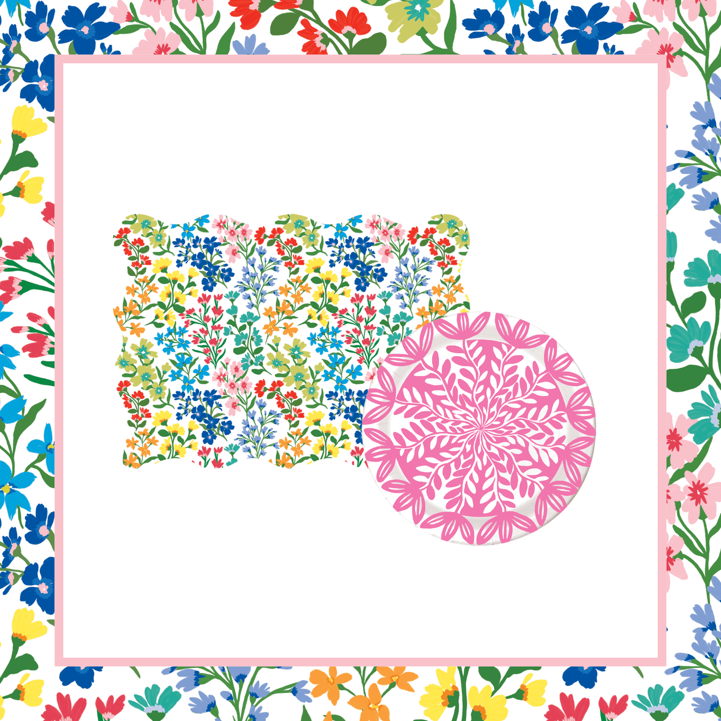 Bundle of multicolor wildflower scalloped placemats and a pink botanical leaf-print paper plate