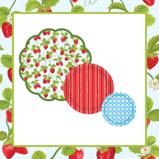 Decorative paper with strawberry pattern and geometric shapes on a blue background