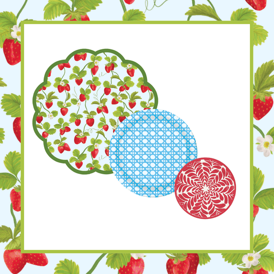 Strawberry Tabletop Bundle (Placemats, 10" Blue, 7" Red Plates)