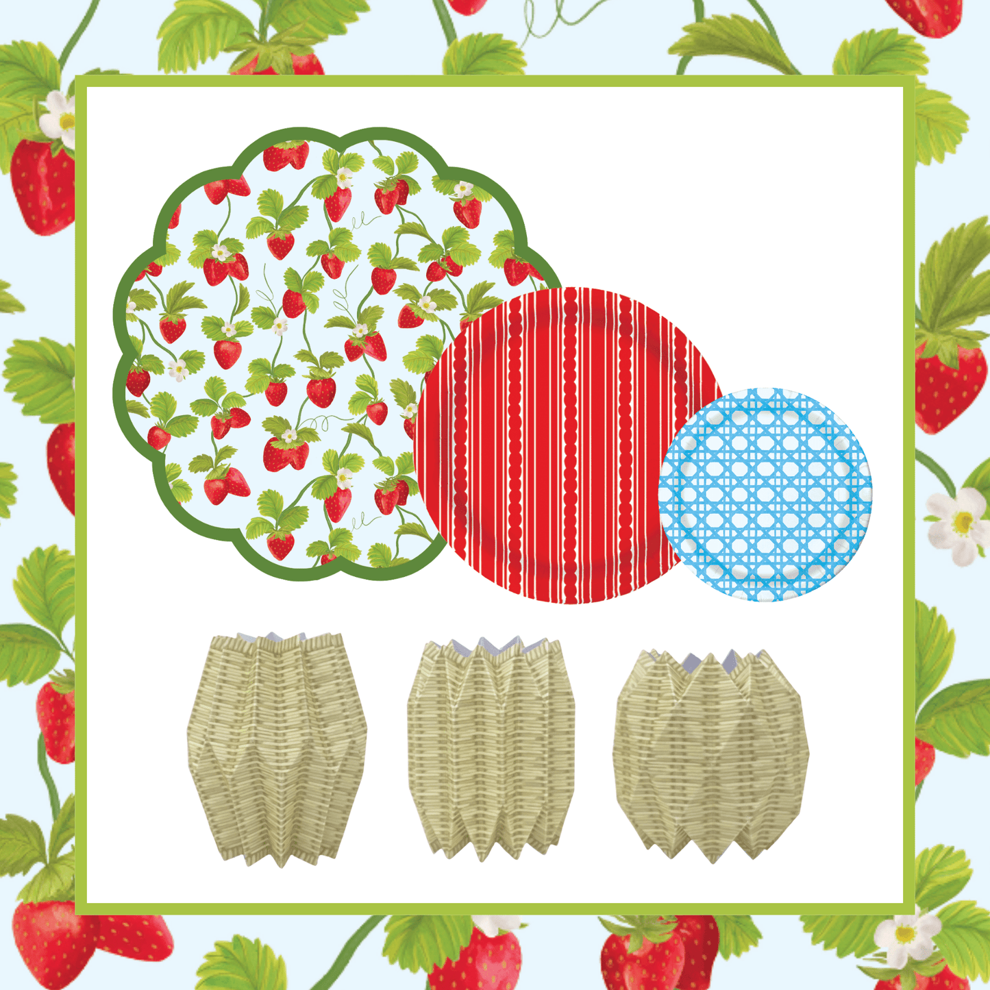 Set of paper plates and napkins with strawberry design on a strawberry-themed background