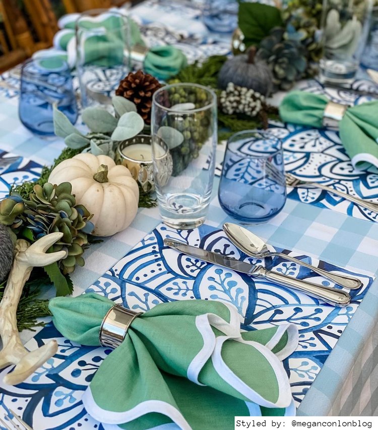 Fall table with blue and white paper placemats
