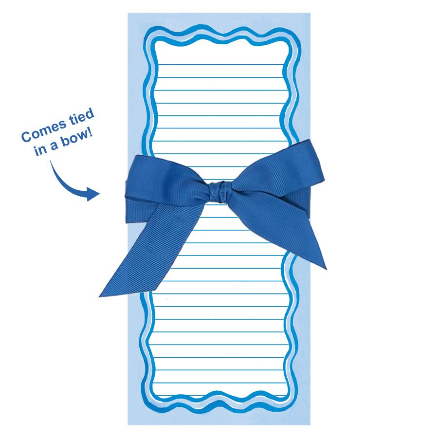 Long notepad with blue wavy border