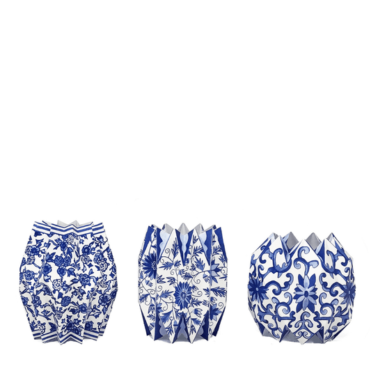 Three blue and white chinoiserie paper vase sleeves
