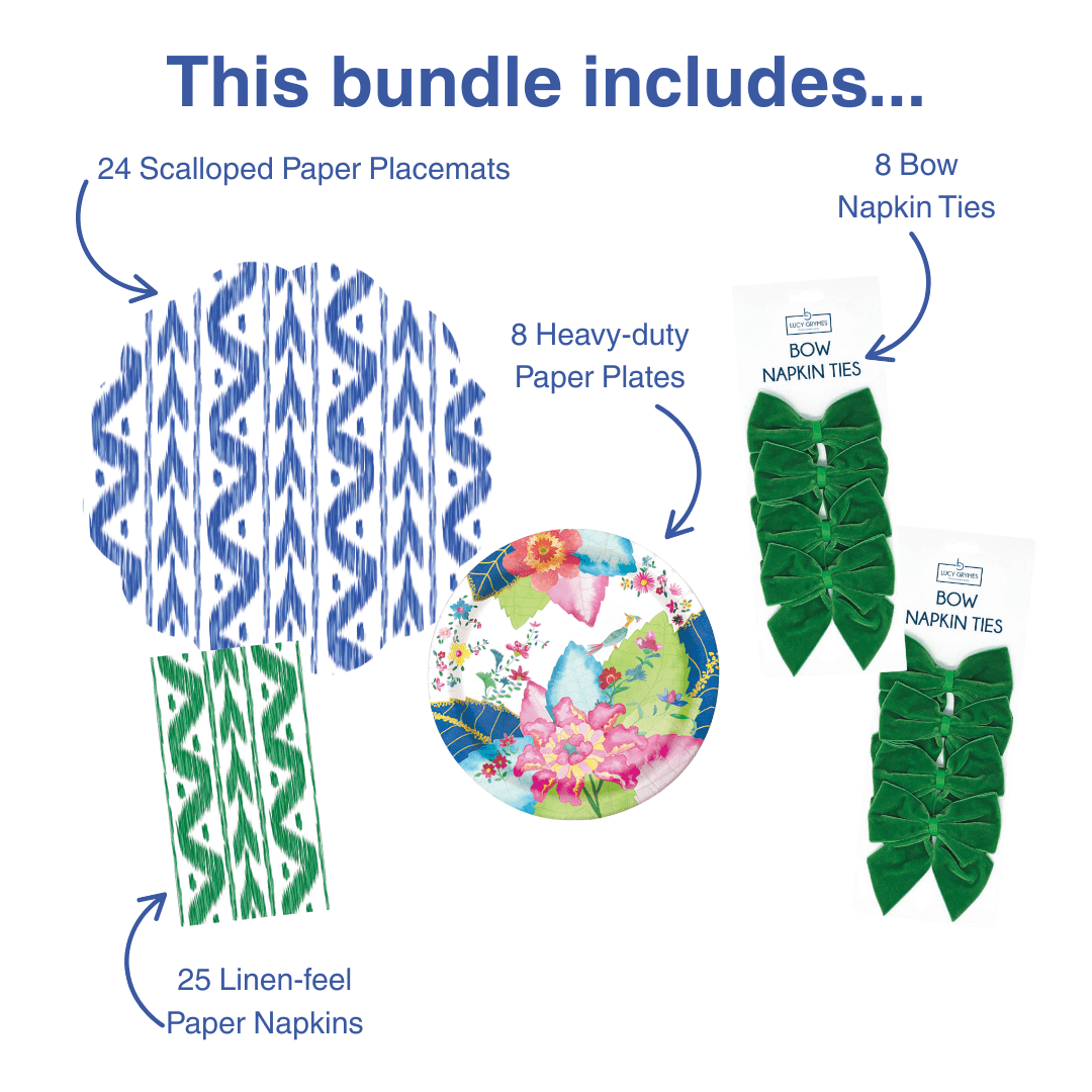 Ikat & Tobacco Leaf Table Bundle (Placemats + Plates + Bows + Napkins)