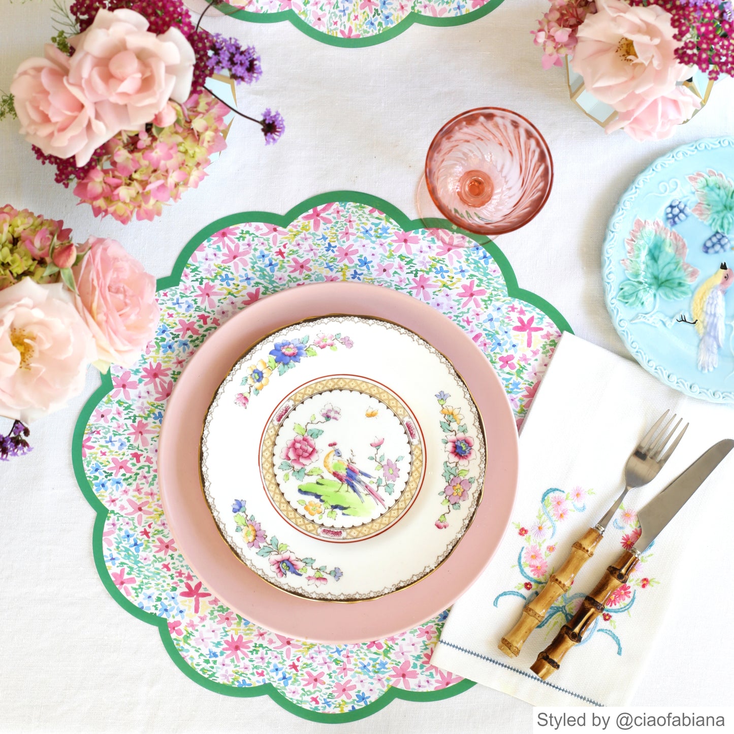 Pink and green place setting