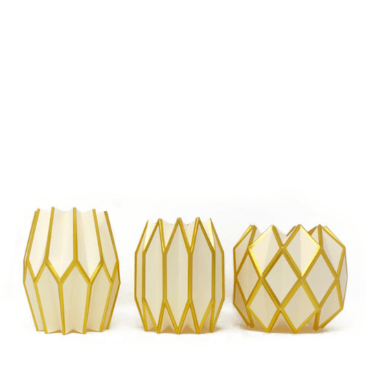 Set of three gold and white paper vase wraps