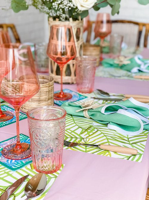 Green and Pink Table Setting with Paper Placemats and Cocktail Napkins