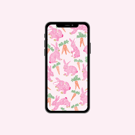 Phone with a pink herend bunny and carrot wallpaper